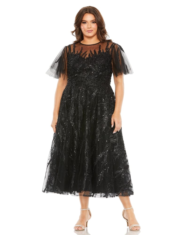Front of a model wearing a size 14W High Neck Flutter Sleeve A Line Embellished Dress in Black by Mac Duggal. | dia_product_style_image_id:289997